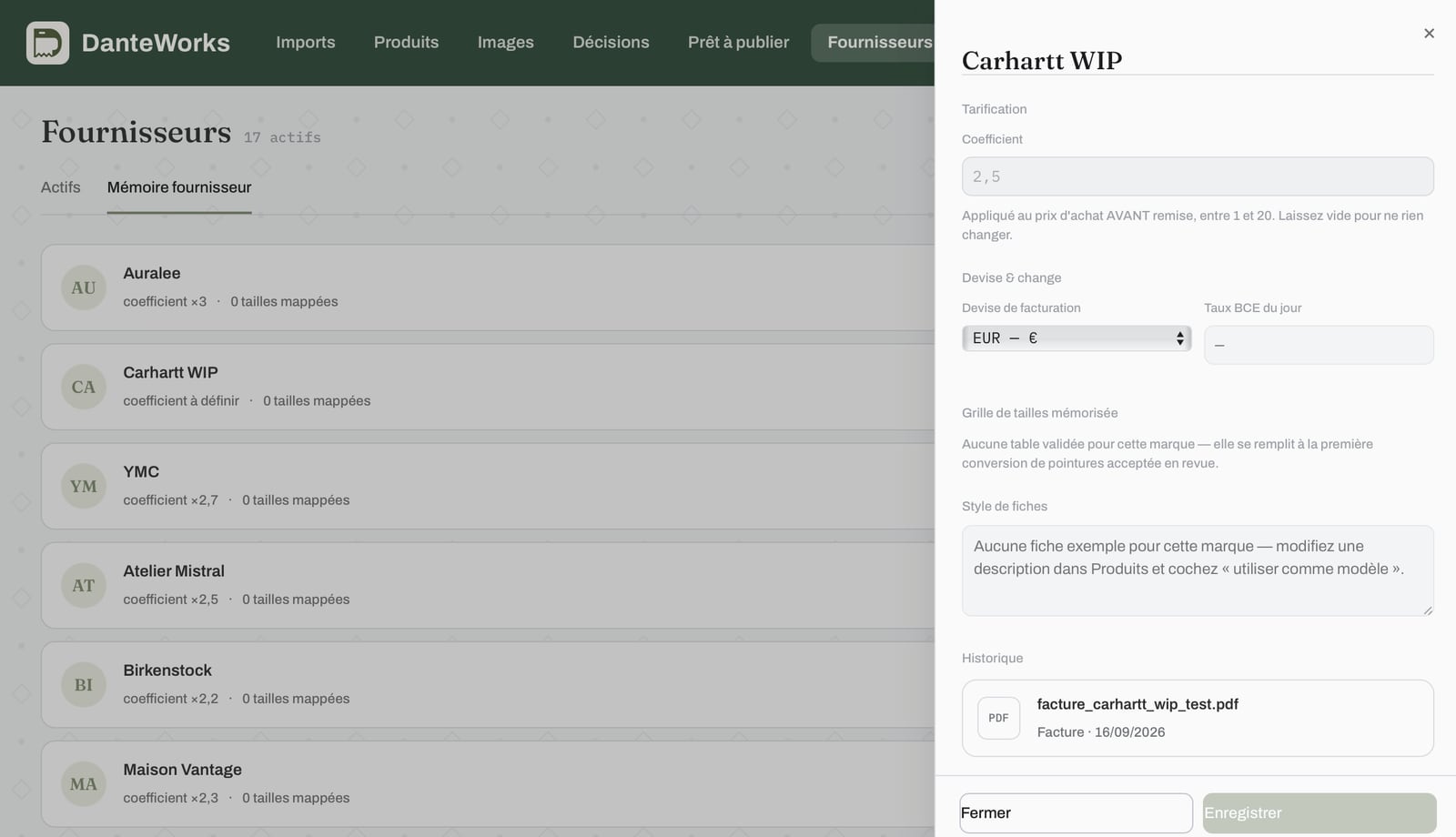 Suppliers screen: a brand's memory, markup, currency and size grid